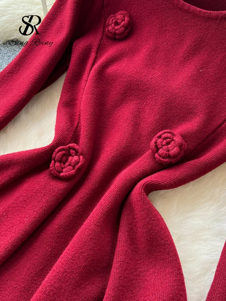 Robe longue tricotée à fleurs 3D pour femme, col rond, manches longues, taille élastique, ligne A, basique d'hiver, couleur unie, chaude, robe de soirée, 2025