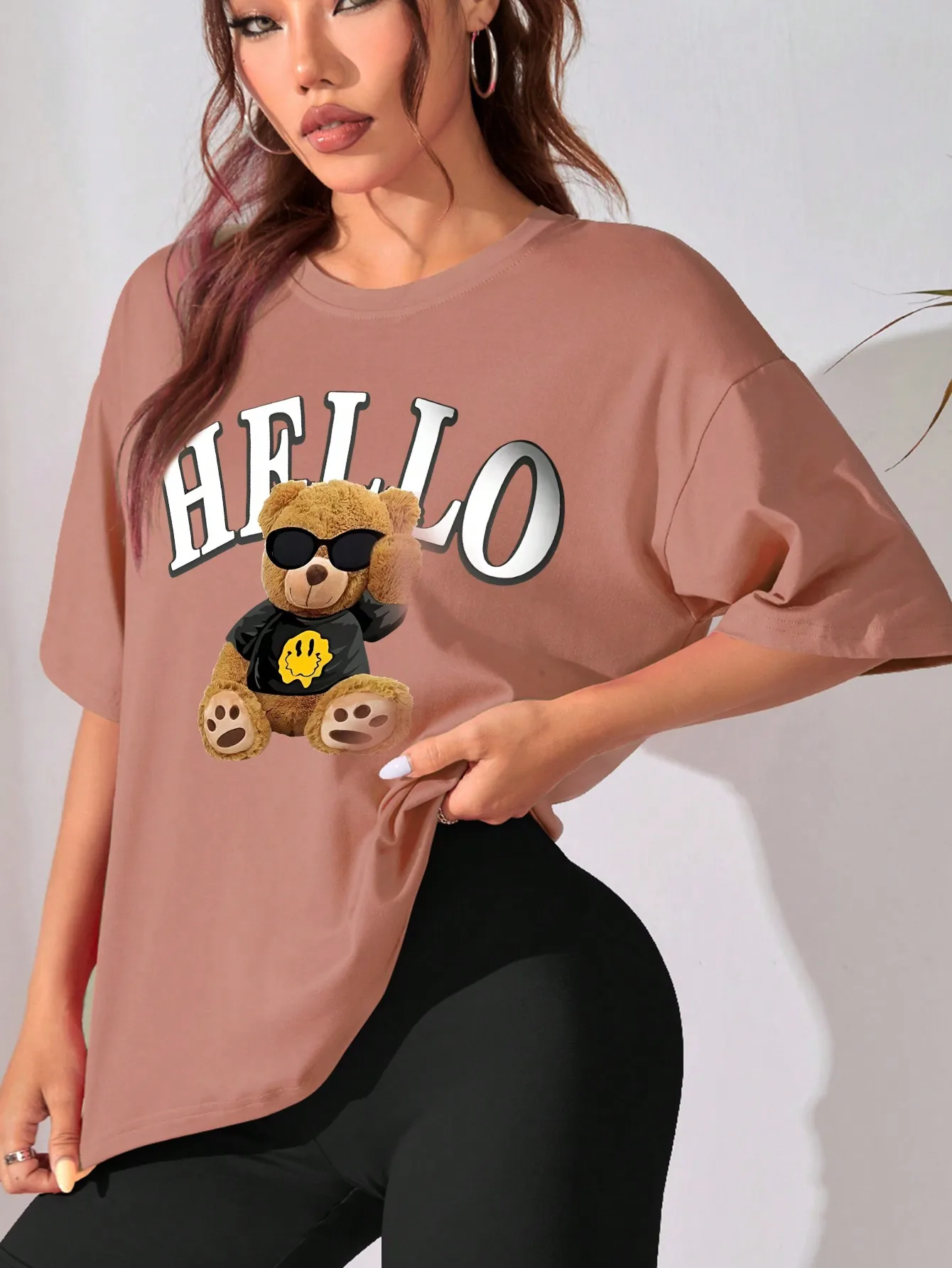 Summer women\'s fashion versatile casual drop shoulder short-sleeved T-shirt with cute letters and bear print loose top 2024 New