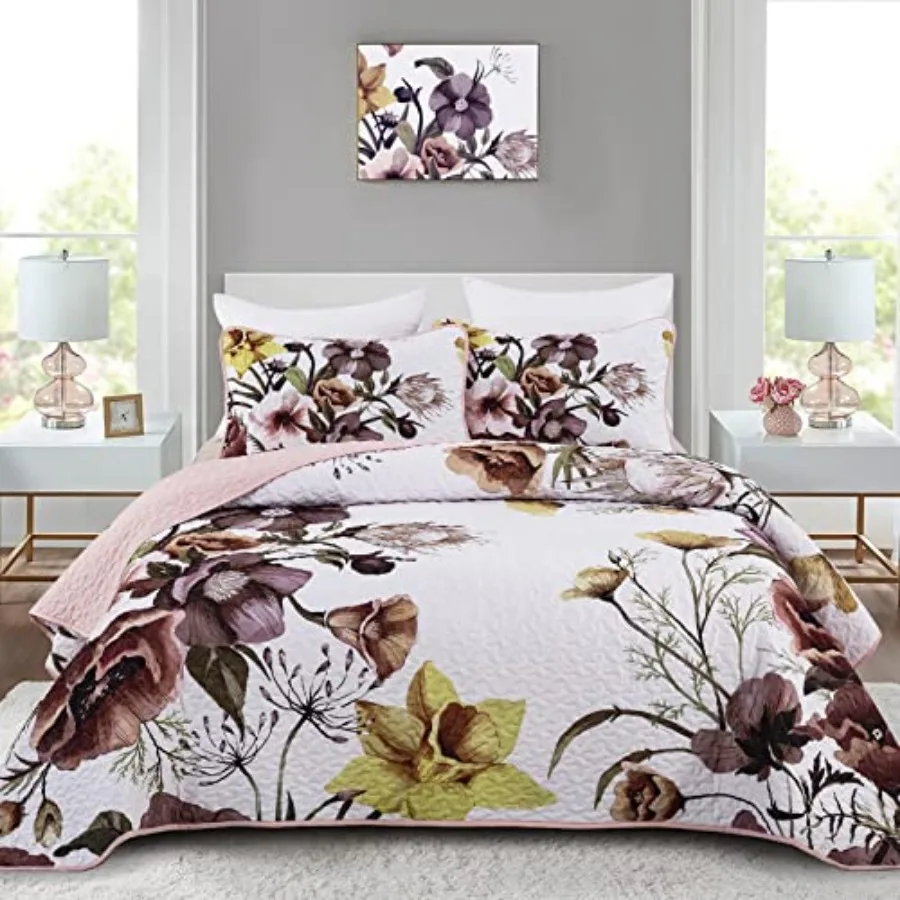 

Floral Quilt Set 3 Pieces Boho Quilt Coverlet Set Soft Microfiber Lightweight Colorful Floral Quilted Bedspread for All Season