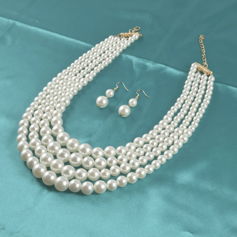 Vintage Baroque Style Round Imitation Pearl Necklace & Dangle Earrings Jewelry Set Multi Strands Necklace Party Favors For Women