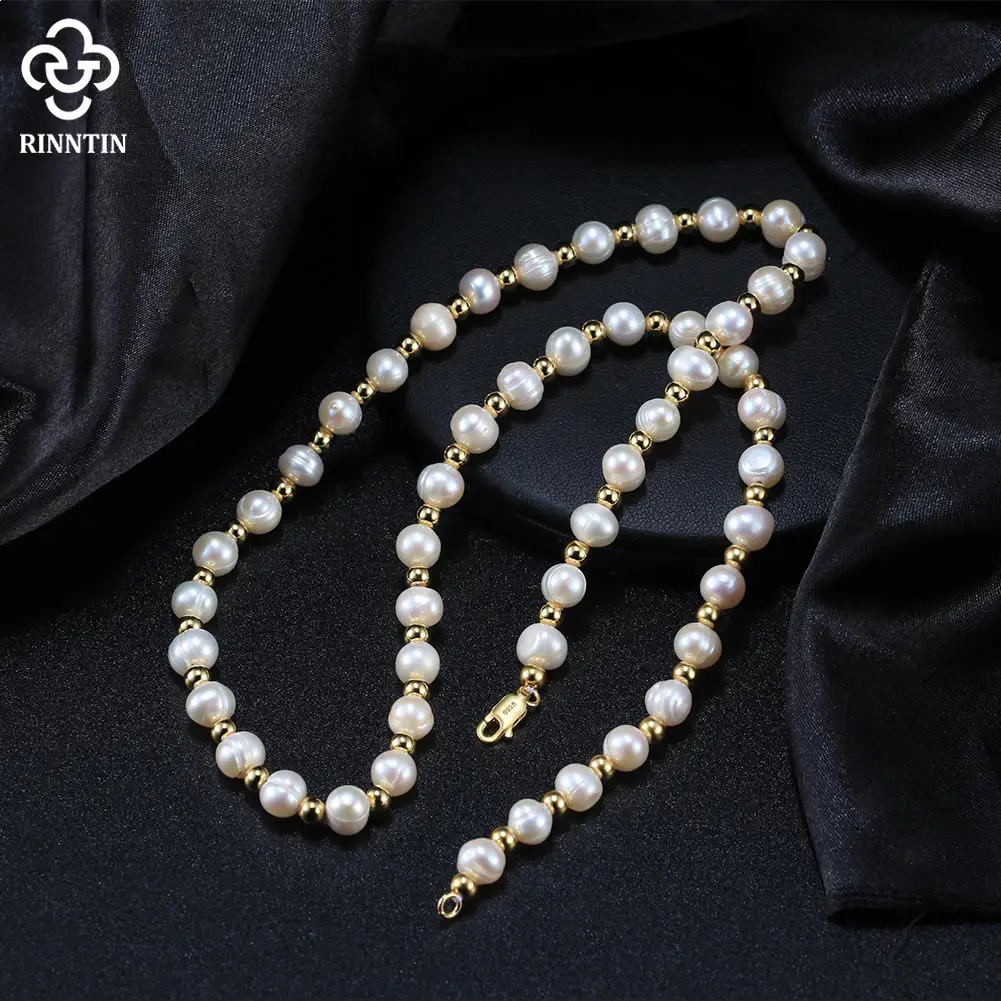 Rinntin Genuine 925 Sterling Silver Pearl Chain Necklace for Men Women Original Trendy Pearl Bead Neck Chain Jewelry NMN09