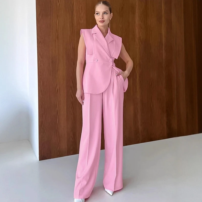 Tuularose Women Trouser Set Pink Blazer Vest Top Solid Patchwork Trouser Set Fashion Commuter Elegant Female Blazer Pant Sets