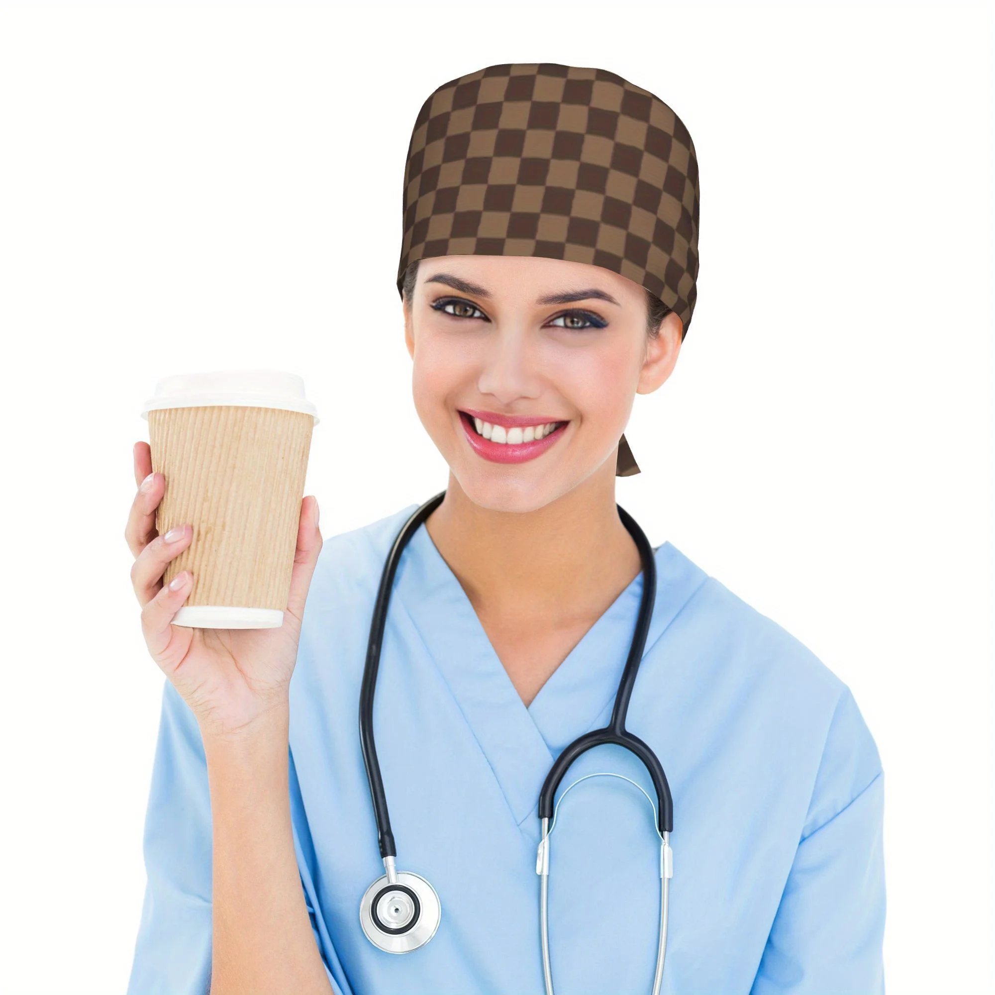1pc Adjustable Tie-Back Surgical Hat - Brown/Beige Plaid working cap, for Nurses, Chefs, Artists - Hospital, Restaurant, Studio
