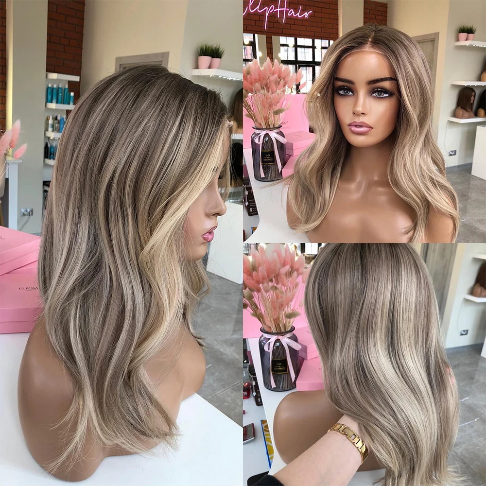 Highlighted Human Hair Lace Frontal Wig Ash Brown Blonde Virgin Human Hair Wig Short Medium Natural Wave Lace Front Wig HD 180%