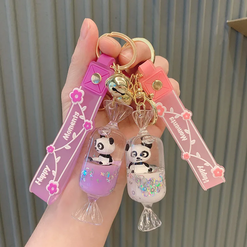 Creative Candy Bottle Moving Panda Liquid Key Chain Keyring Floating Quicksand Hollow Ball Sequins Pearl Keychain Girl Bag Charm