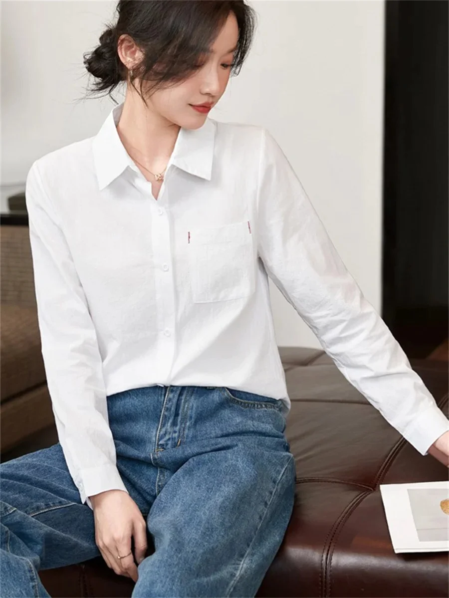 Women Spring Autumn Style Cotton and linen Blouses Shirts Lady Casual Long Sleeve Turn-down Collar White Blouses Tops