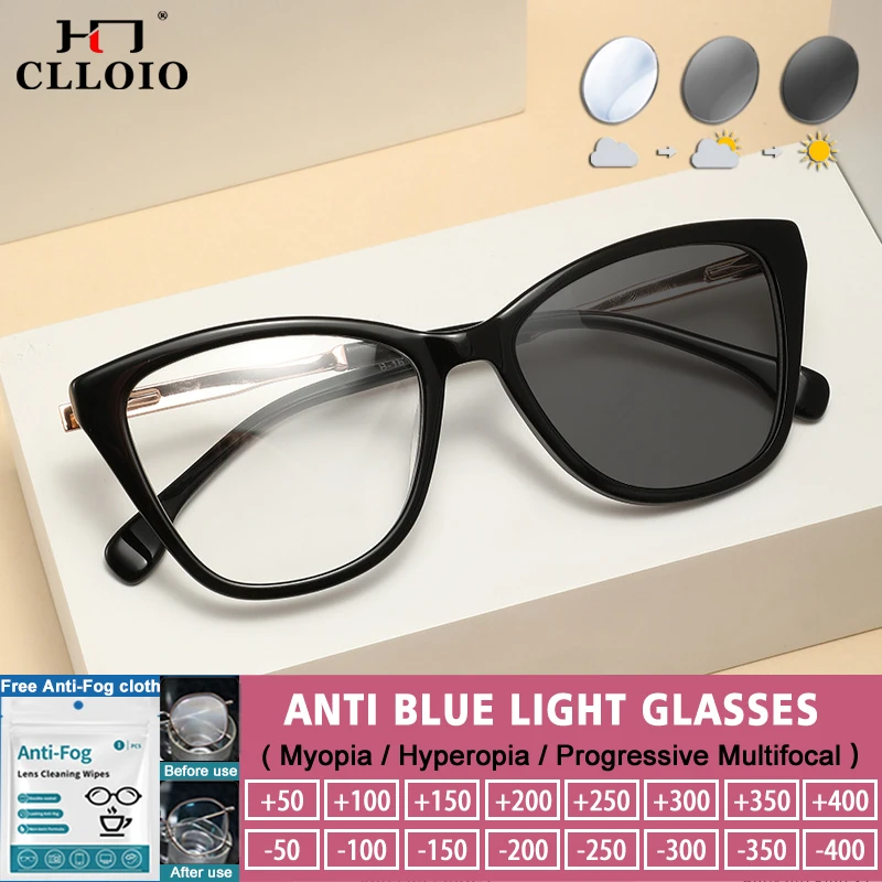 

CLLOIO Acetate Large Frame Cat Eye Anti Blue Light Reading Glasses Women Can be Customized Prescription Photochromic Eyeglasses