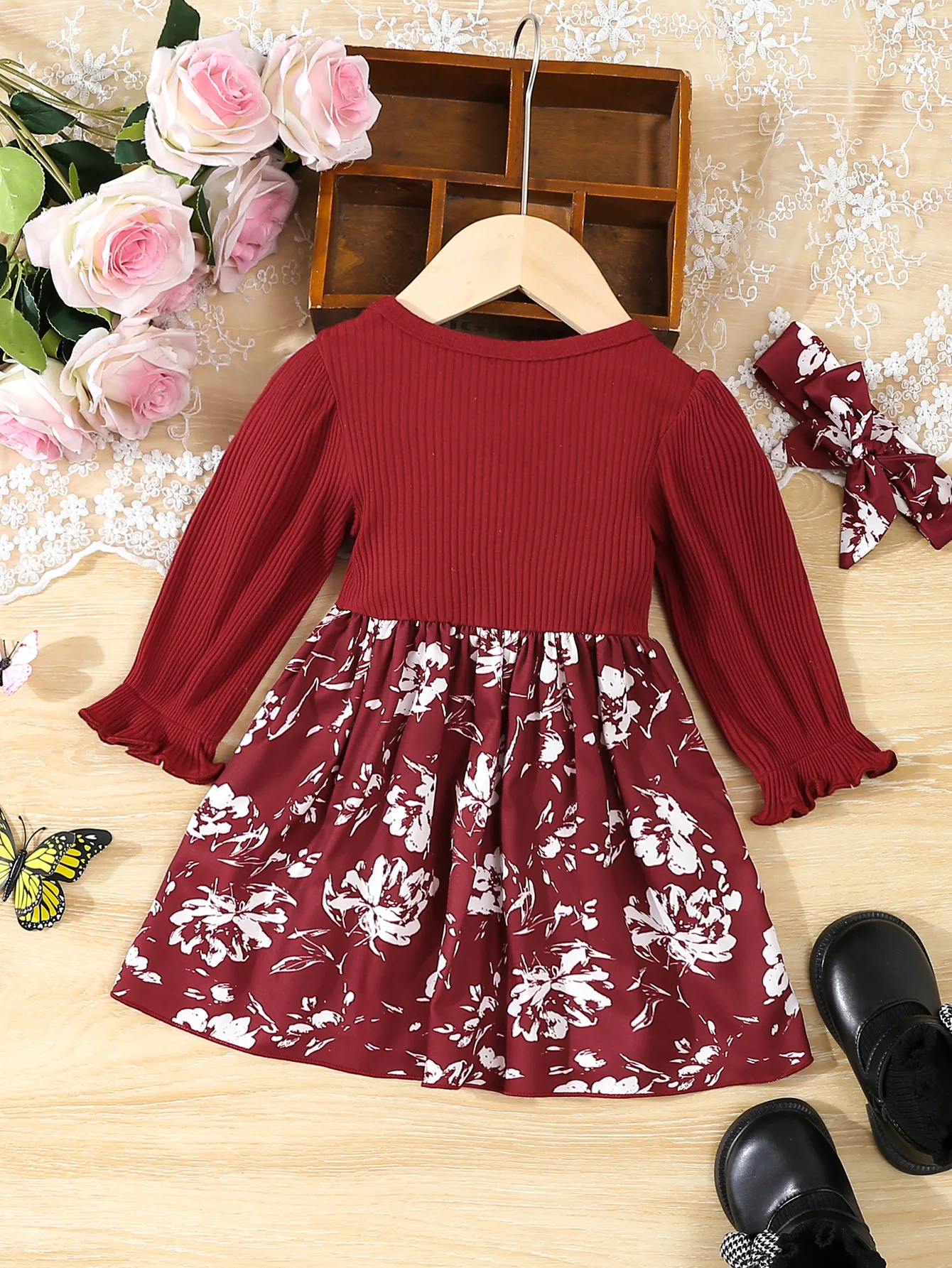 3-24 Months Baby Girls\' Casual Elegant Lady\'s Floral Print Pit Strip Bow Batwing Sleeve Dress + Headwrap