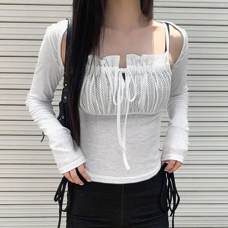 White Korean White Lace Patched Female T-shirt Slim Basic Sweet Folds Autumn Tee Cute Top Coquette Clothes Front Tie-Up Y2K