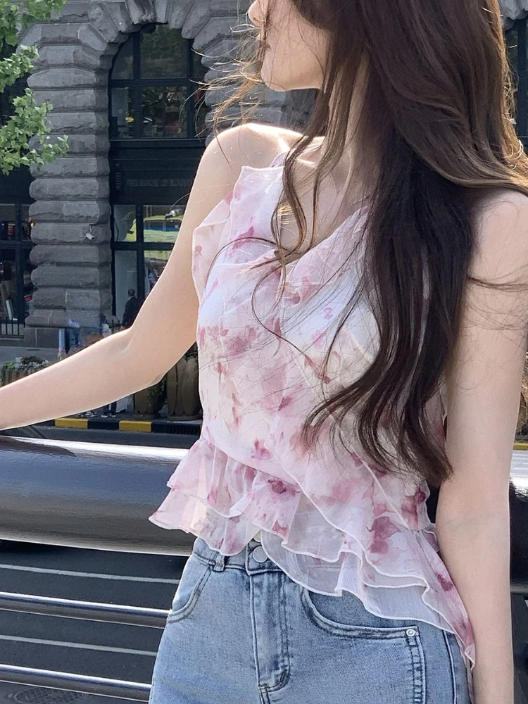 Pink Chiffon Korean Designer Vest Women Print Ruffles Elegant Sweet Tank Tops Female Holiday Causal Sexy HalterneckTops 2023 New