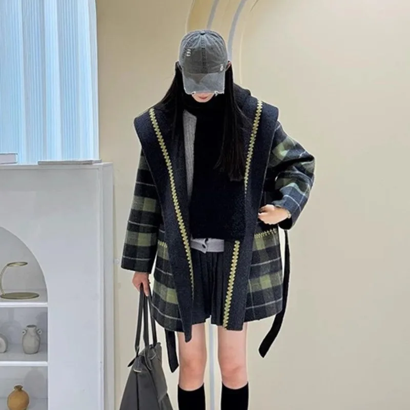 HKSH 2025 Herbst Winter Neue Frauen Doppelseitige Woolen Jacke Plaid drehen-unten Kragen Gürtel Taschen Elegante Trendy Mantel HK13462