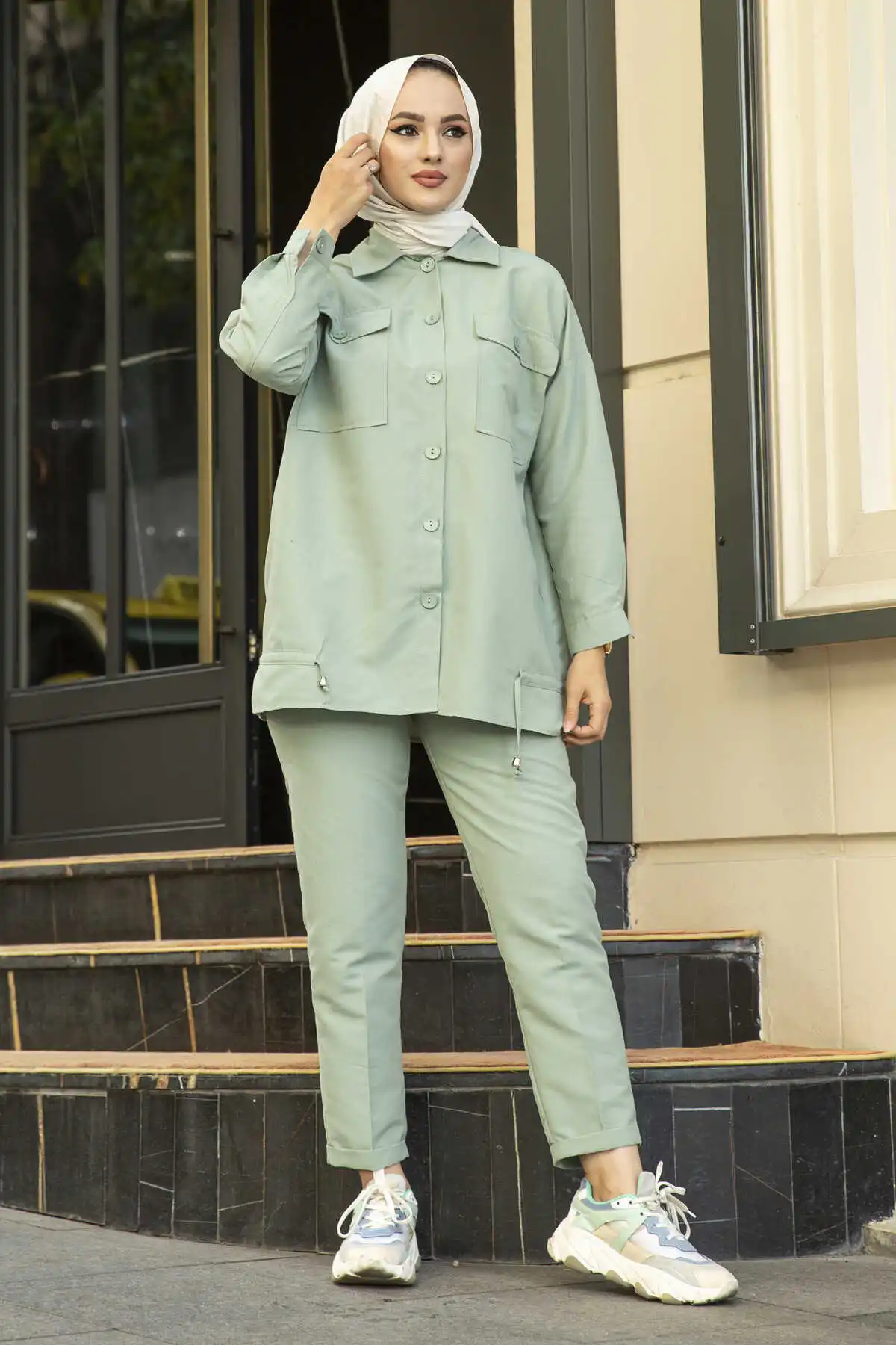 Hijab Style Shirt Pants Suit Mint Winter Autumn 2021 Muslim Women Hijab headscarf Islamic Turkey