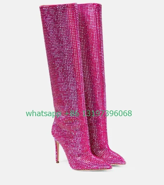 Lady hott pink embellished knee-high boots pointed toe rhinestone design bling party high heels pumps boots demand boots size 46