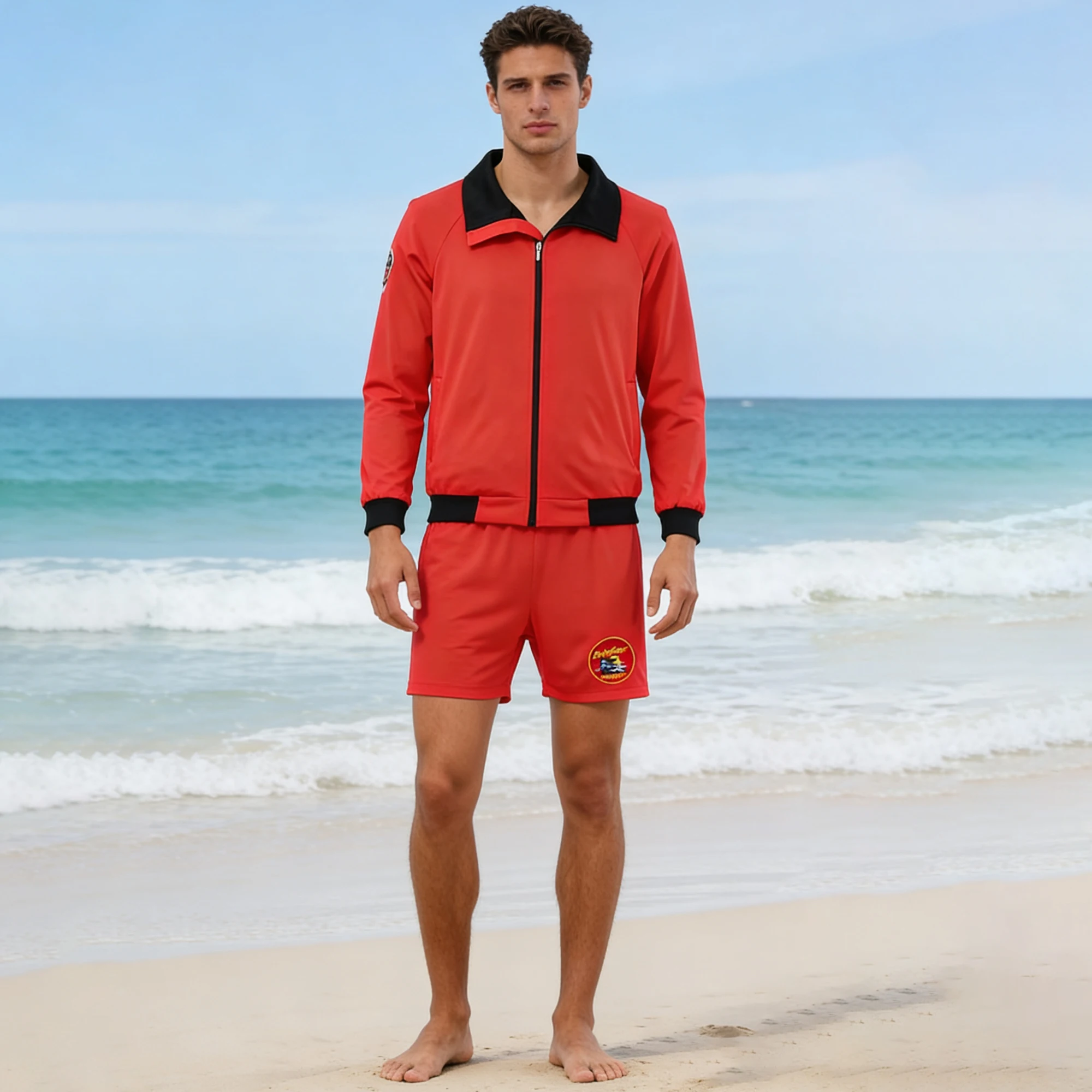 

Baywatch Lifeguard Costume Adult Men Women Red Zip Up Jacket Shorts Set Halloween Cosplay Beach Party Outfit