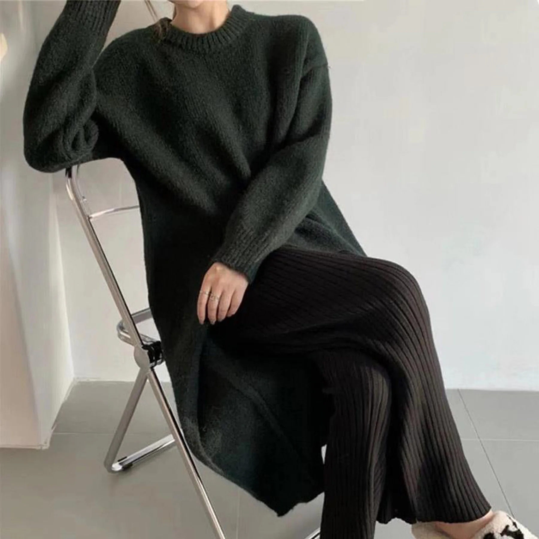 Winter Women Y2k Loose Fit Knitted Dress V Neck Sexy Slim Elastic Oversized Basic Bodycon Sweater Dress Autumn Winter Warm Long - view 4