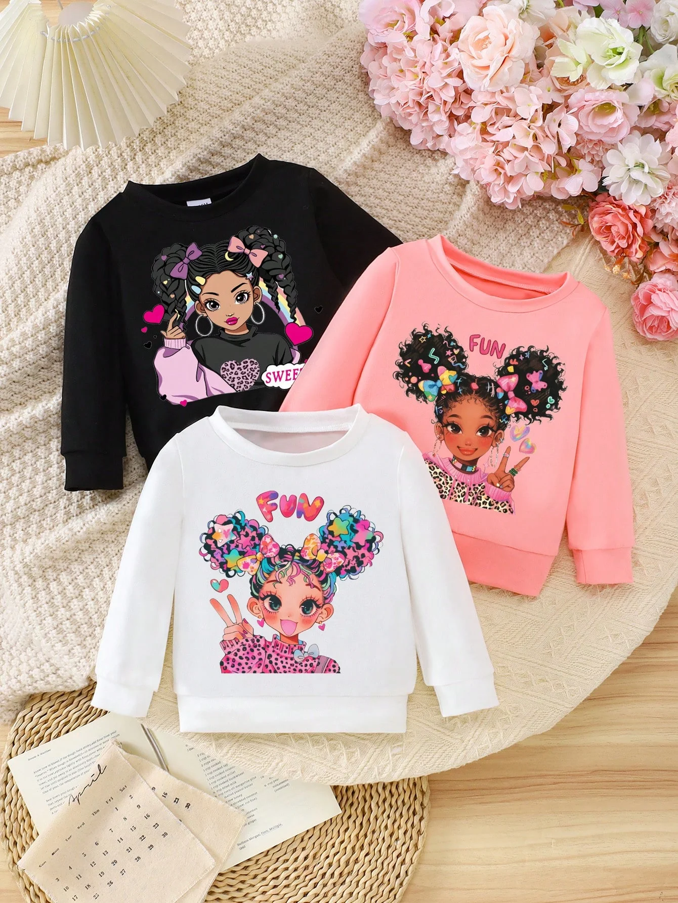 3Pcs Fall Winter Baby Girl Sweatshirt,Cartoon Girl Print Long Sleeve Crewneck Pullover,Cute Fashion Tops For 1‑3Y Toddler Girls,