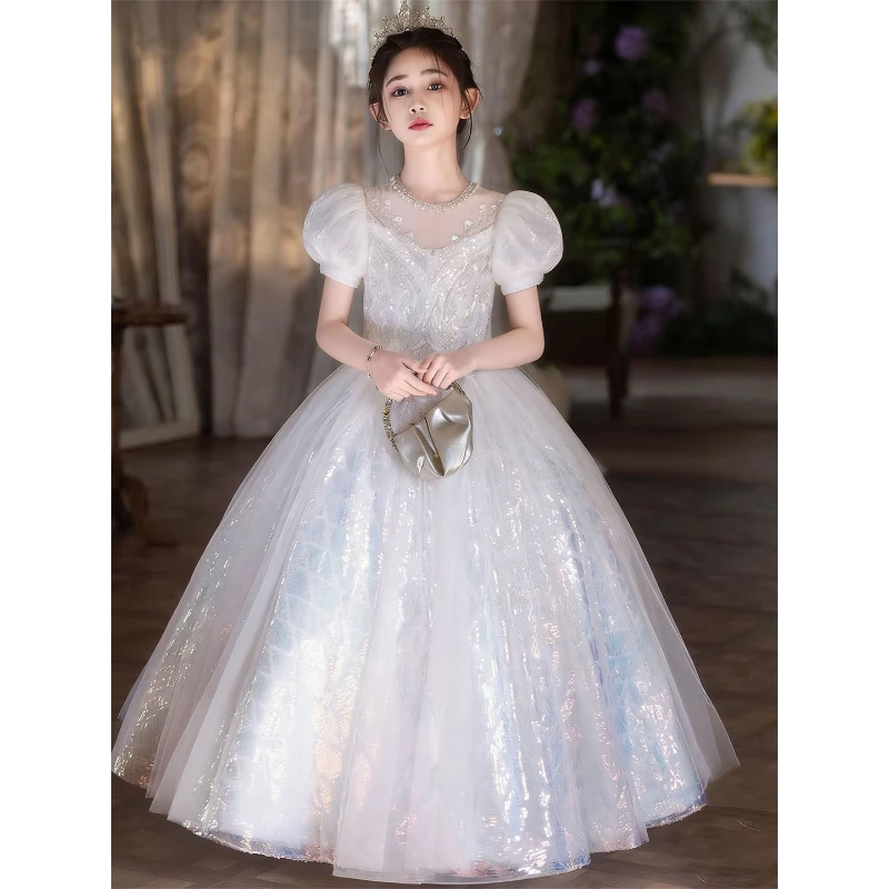 Children Girls White Formal DressElegant Piano Performance Wedding Flower Girl Costume Host Kids First Birthday Princess Gown