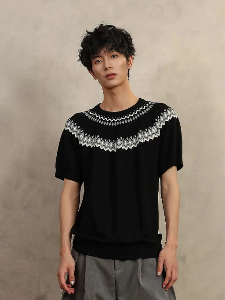 tシャツ Knitted wool blended round neck shoulder short sleeved knitted short sleeved men's clothing male