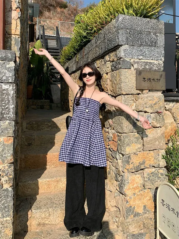 Blue Plaid Two-Way Wear Women's Spring A-Line Umbrella Skirt Design Sense Midi Skirt Sleeveless Vest Style Pleated Standard Fit