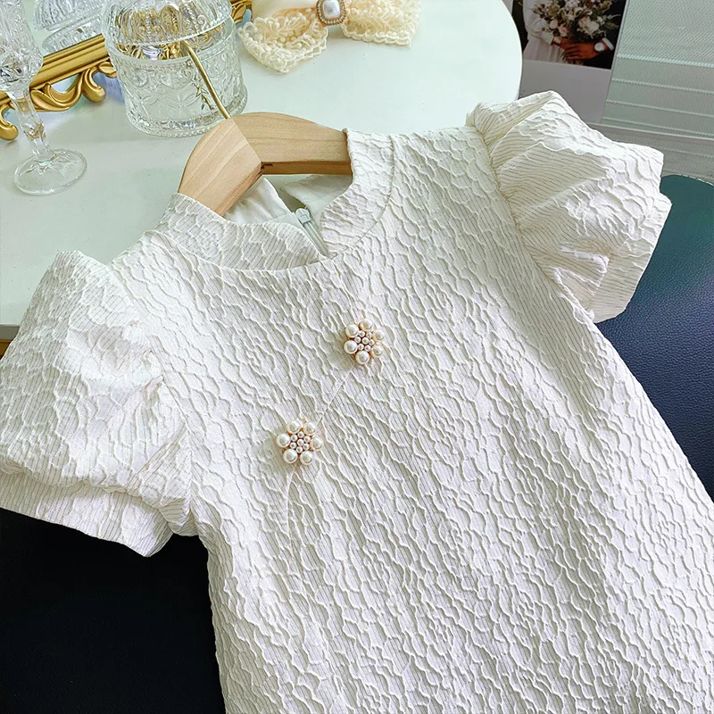 

2024 Summer Hot selling New Straight cylinder Girls Chinese Style Retro Bubble Sleeves Girls Dress Sweet and lovely white dress
