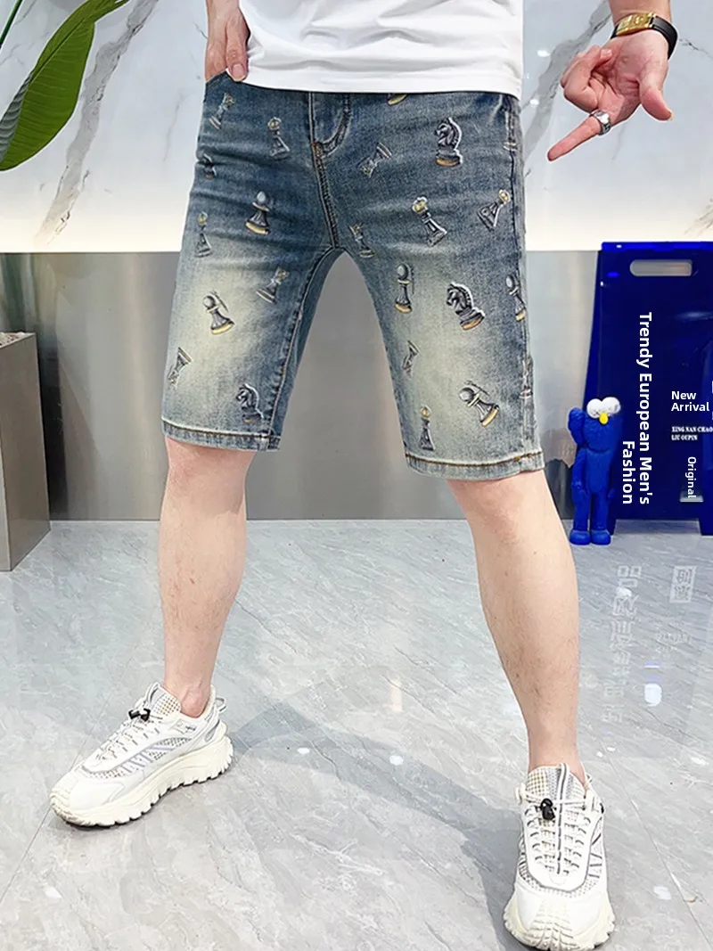 

Модные мужские джинсы Slim Fit с принтом, летние, повседневные, дышащие, удобные, легкие, синие, из денима