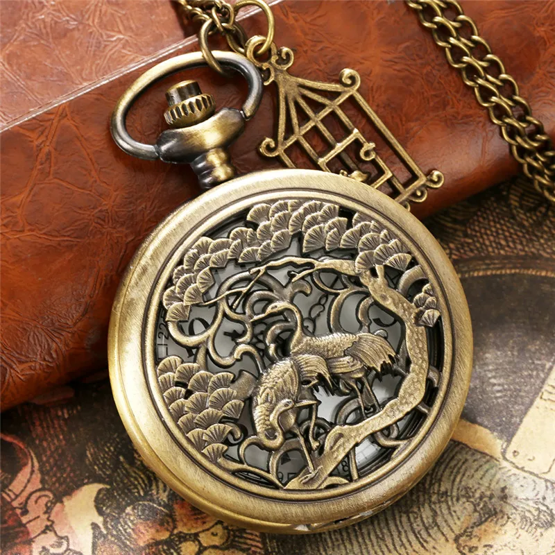 Reloj de bolsillo con diseño de grulla hueca de bronce para hombre y mujer, movimiento de cuarzo con jaula colgante, reloj de cazador medio con cadena, regalo