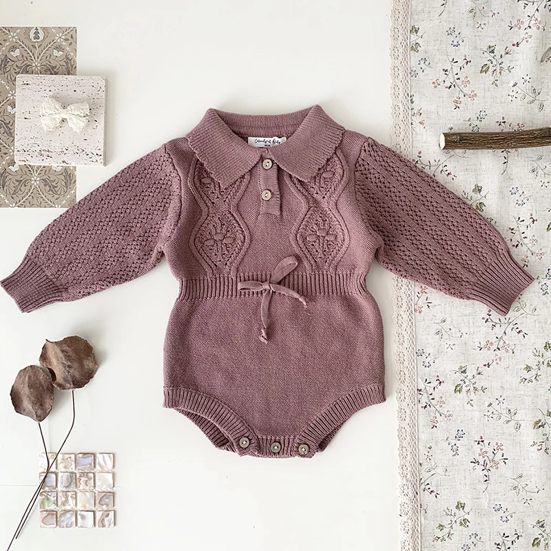 Autumn Spring Baby Girl Clothing Newborn Baby Girls Bodysuits Long Sleeved Solid Color Knitting Korean Style Climbing Suit