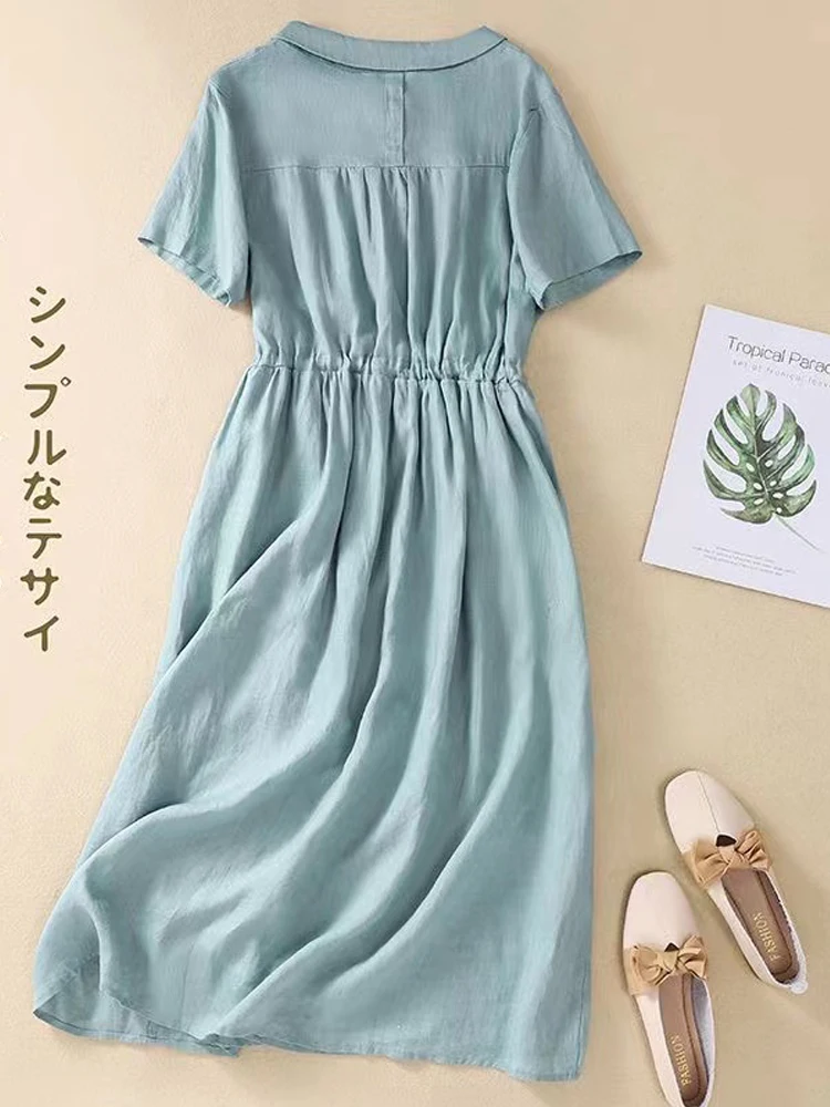 Cotton Shirt Dress 2024 New Summer Peter Pan Collar Short Sleeve Drawstring Midi Dresses Casual Loose Slim Beach Sundress