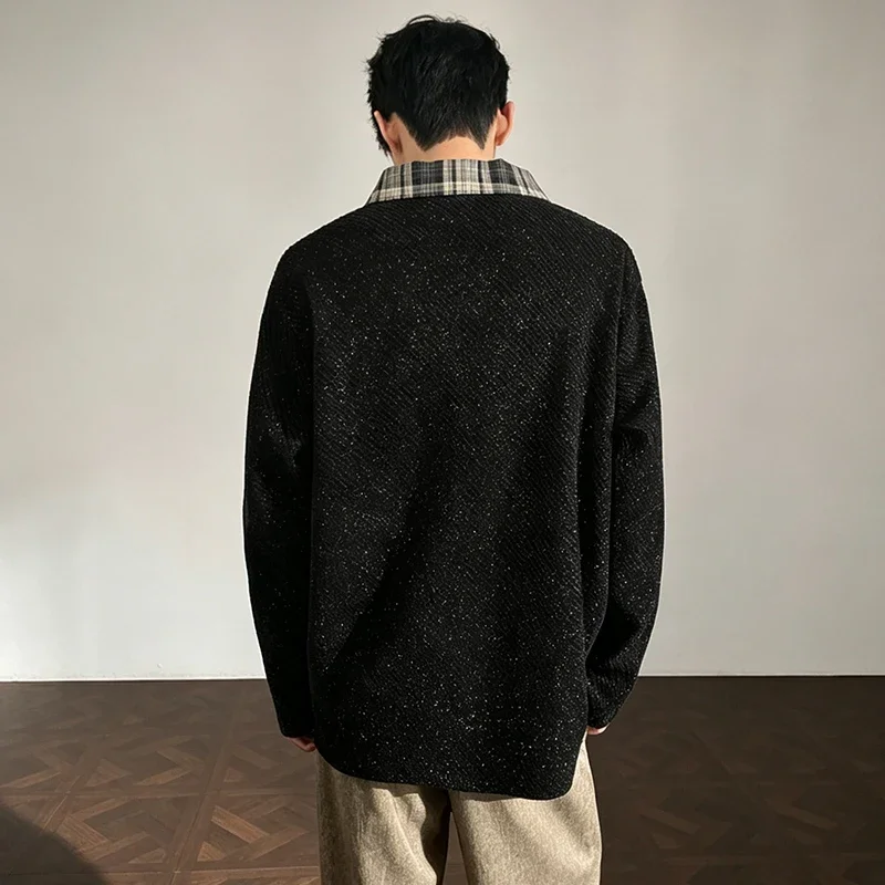 Mens Plaid Collar Long Sleeve Polo Shirt Autumn Textured Knit Loose Fit Casual Tops Contrast Collar Design Daily Wear Pullover image 6