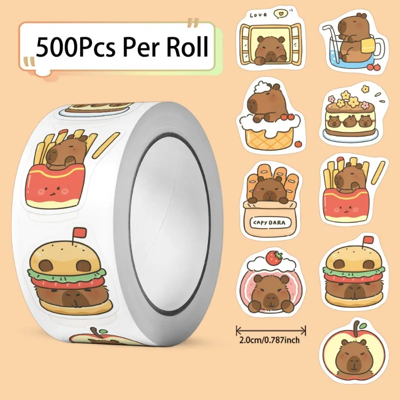 Rollo de pegatinas de capibara de 500 Uds., calcomanías impermeables de animales y comida de PVC para ordenador portátil, botella de agua, teléfono, decoración de cuaderno para estudiantes