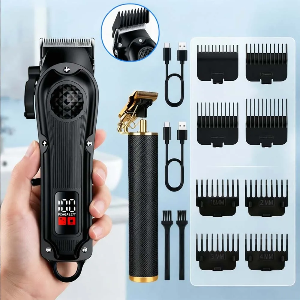 

Professional Hair Clippers with LED Display, Cordless Rechargeable Trimmer & T-Blade Shaver for Men, Balding Grooming Kit