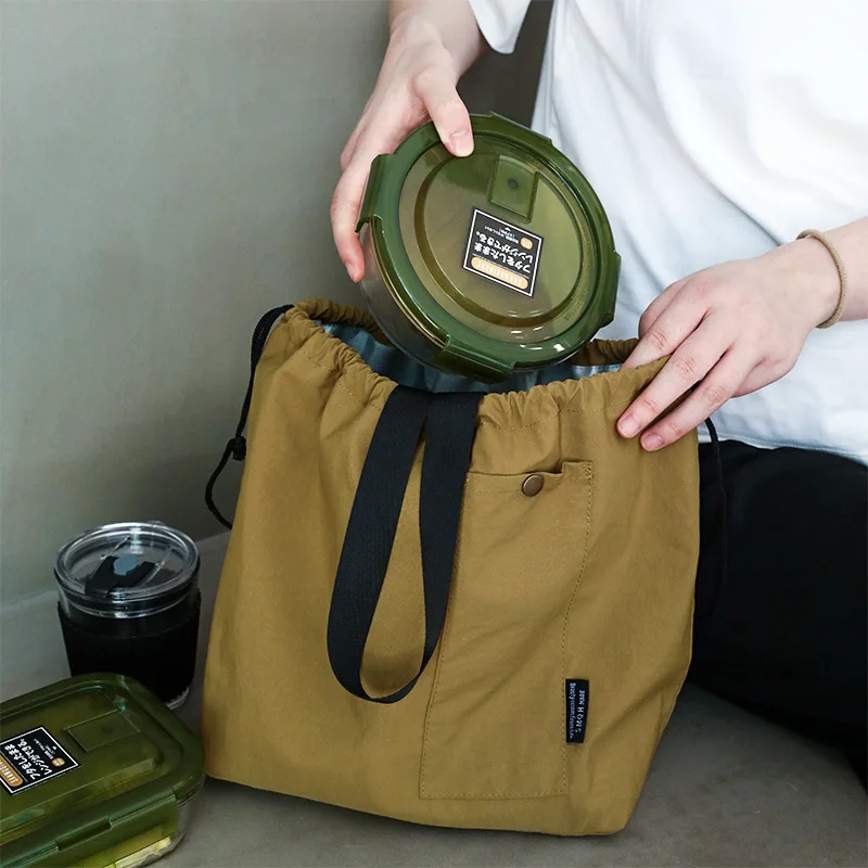 New Japanese Korean Lunch Bag Cotton Canvas Large Solid Color Drawstring Portable Thermal Insulated Picnic Storage Bento Box Bag