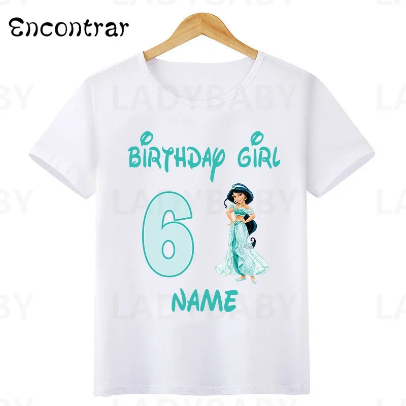 Disney Princess Jasmine Print Birthday Girl T shirt Kids Clothes 1 2 3 4 5 6 7 8 9 Years Baby Girls Aladdin T-Shirts Party Tops