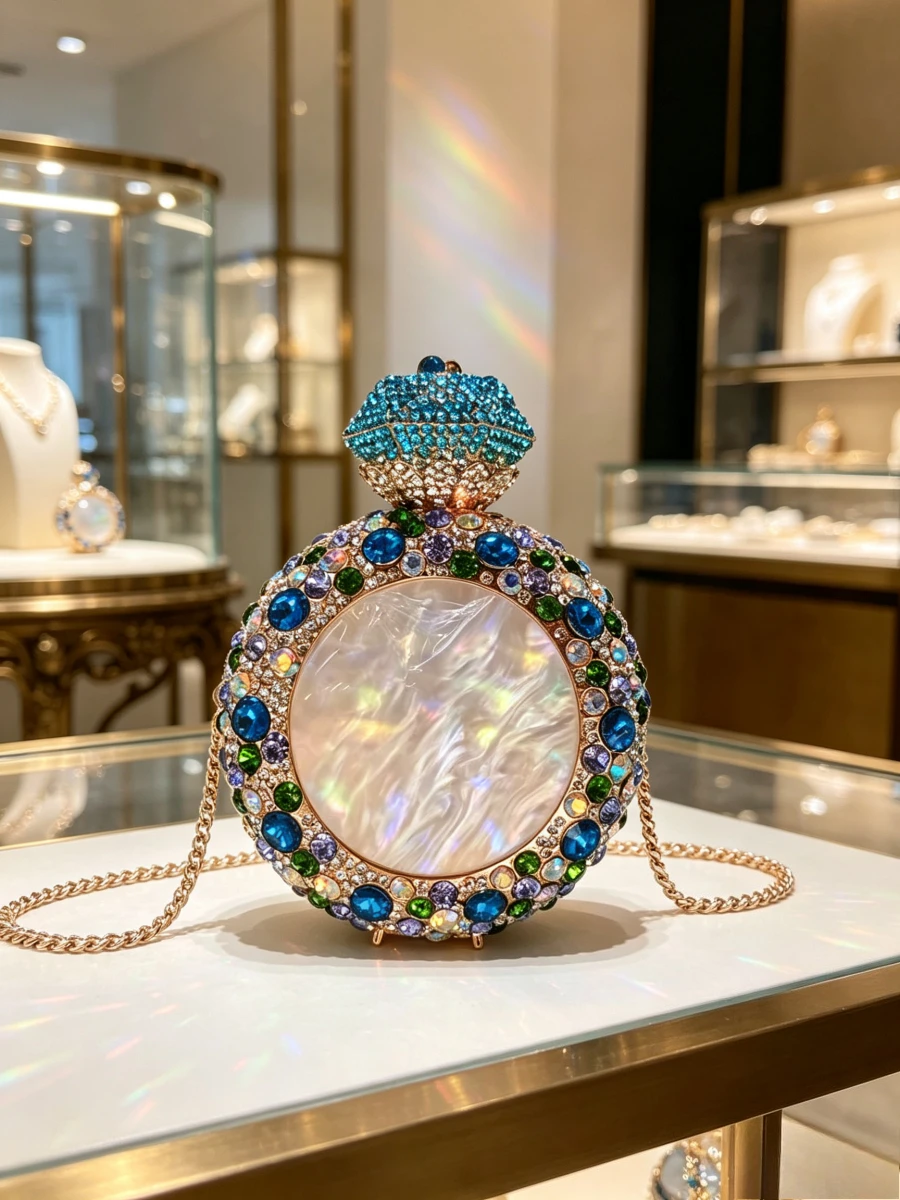 Bolso de mano de lujo retro con forma de reloj de bolsillo, con gemas de color y nácar, y diamantes de imitación, para mujer madura, para bodas y banquetes, creativo