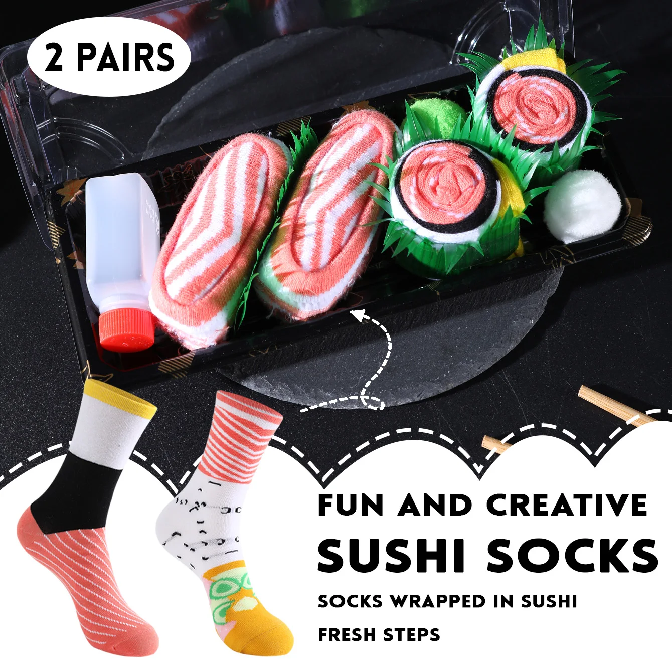 2 Pairs of Mid-Calf Men's Socks, Suitable for Both Men and Women, Novel and Fun, Colorful Salmon Sushi Gift Box Socks, European and American Fashion Trend Style, Comfortable and Breathable, Party Casual Novelty Gifts, Valentine's Day, Christmas, Santa Claus, Autumn and Winter Styles, All-Season Styles, Cute and Fun Socks