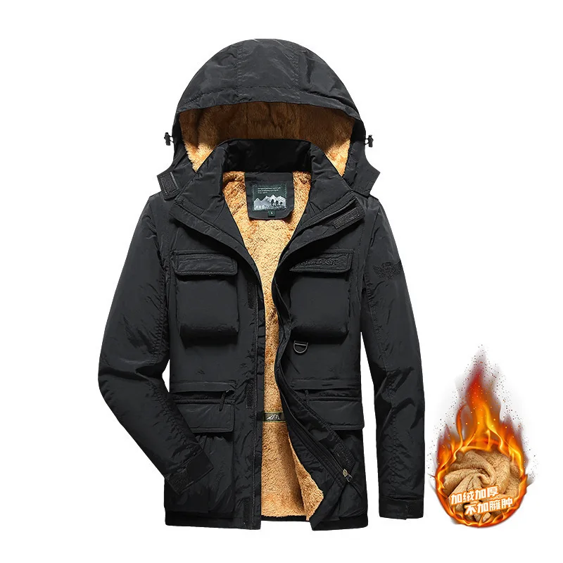 Autumn Winter New Fashion Men's Solid Color Casual Trendy Detachable Hooded Long Sleeve Pocket Warm Plus Size Jacket Coat Male
