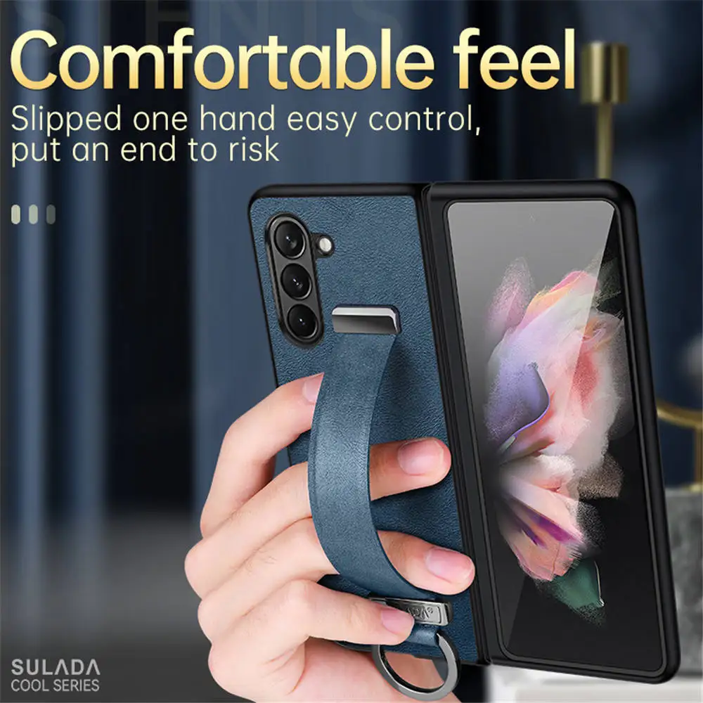 

Cool Slim Leather Case For Samsung Galaxy Z Fold6 5 4 3 Wristband Ring Holder Cover