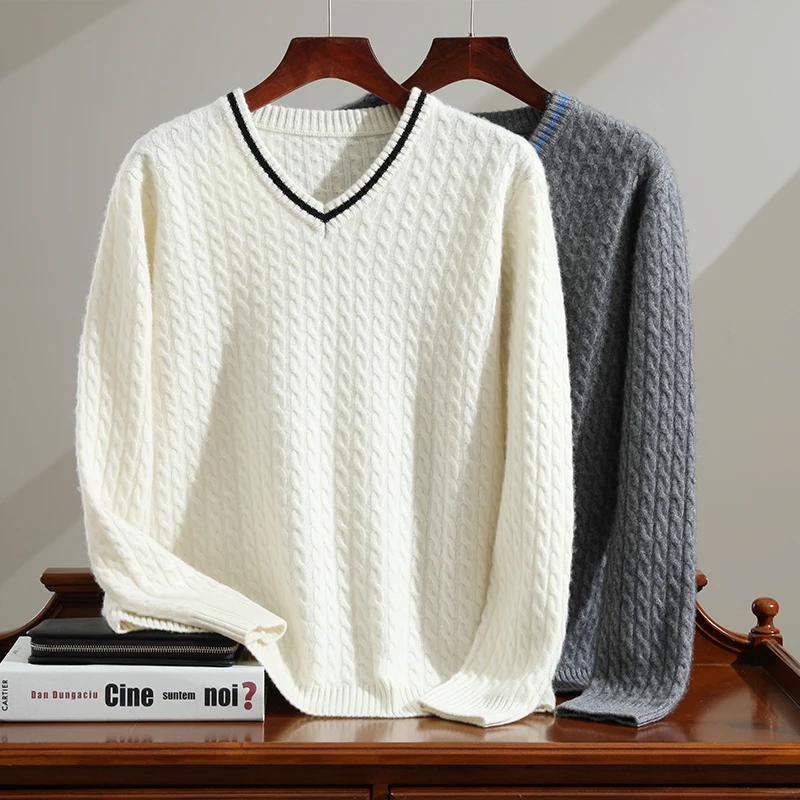 V-Neck Color Blocking Goat Cashmere Sweater Autumn Winter Long Sleeved Luxury Fashion Casual Business Jumper New Top