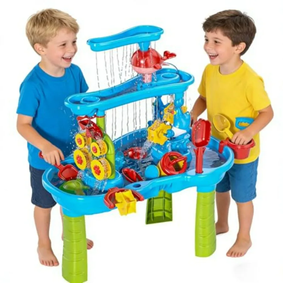 Sand Water Table for toddlers 2+, sensory play table with rain showers, plastic material, blue and yellow, UV-resistant and eas