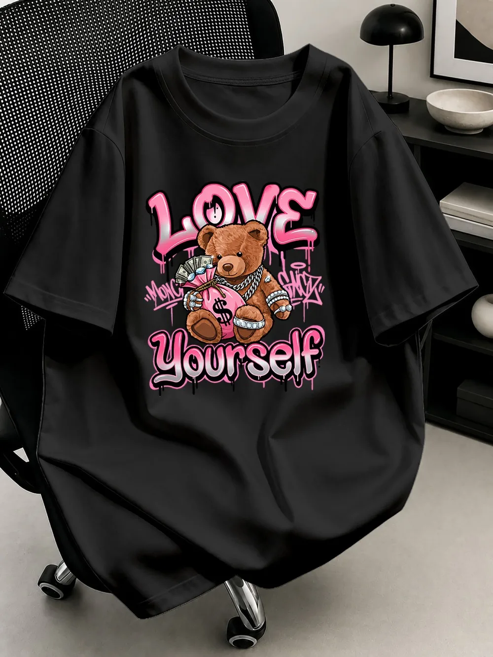 New American Women's Summer Pink Bear Love Letter Printed Comfortable and Breathable Round Neck T-shirt Outdoor Street Style Top