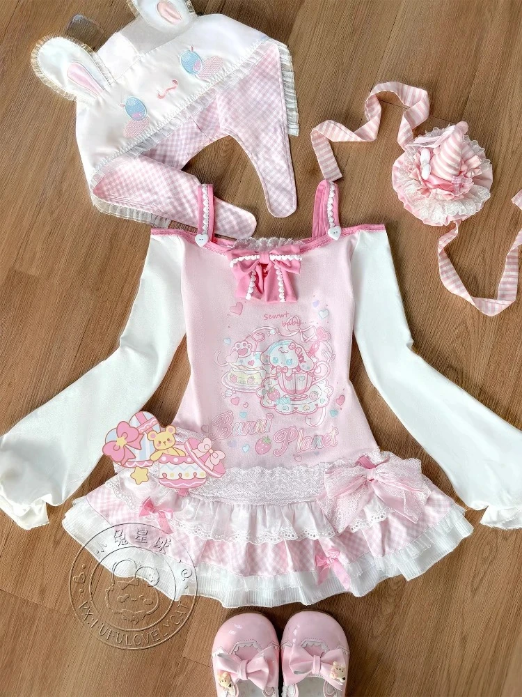 ابنة بنات لوليتا خارج الكتف فستان قصير Kawaii الكرتون طباعة انفصال هود سليم كم طويل تي شيرت فساتين