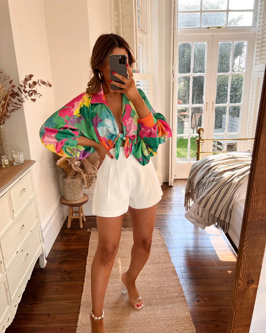 Faionable Printed Lantern Sve Women's irt Versatile Floral Design Commute Sle V-Ne Tie-Detail Loose Fit Polyester