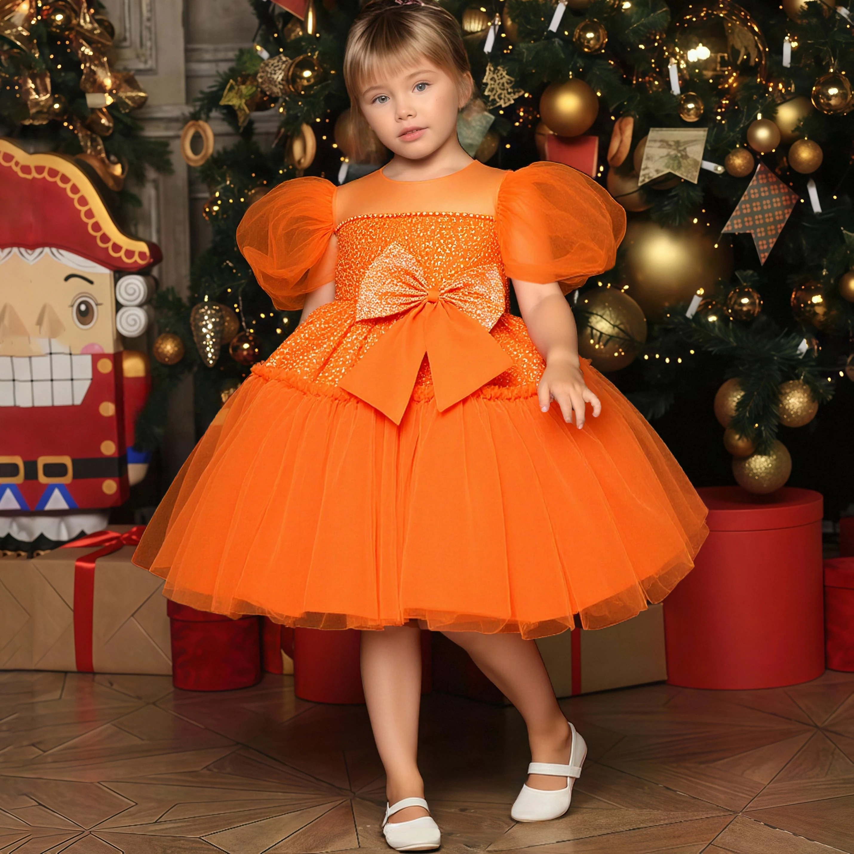 

Elegant Sequin Party Girls Dress Puff Sleeve Bow Wedding Bridesmaid Prom Dresses Girl Gala Tulle Birthday Princess Kids Clothing