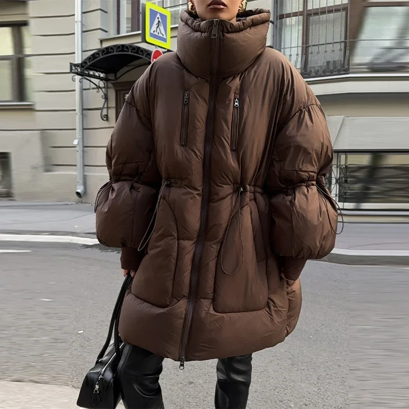 Fashion Solid Hooded Thick Cotton Women's Jacket Oversize Loose Long Sleeved Zipper Tied Jacket Casual 2026 Winter Snow Wear 9