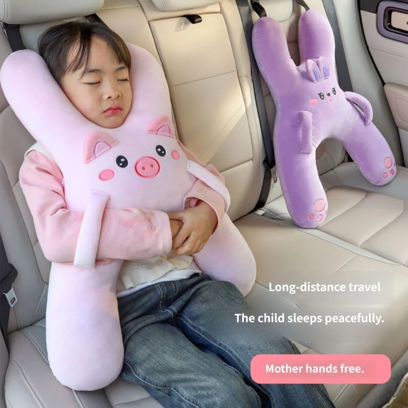 Children Car Travel Pillow with H-Shaped Plush Side Handle Design, Soft Cushioned Filling and Top Loop for Child Ride A2UB