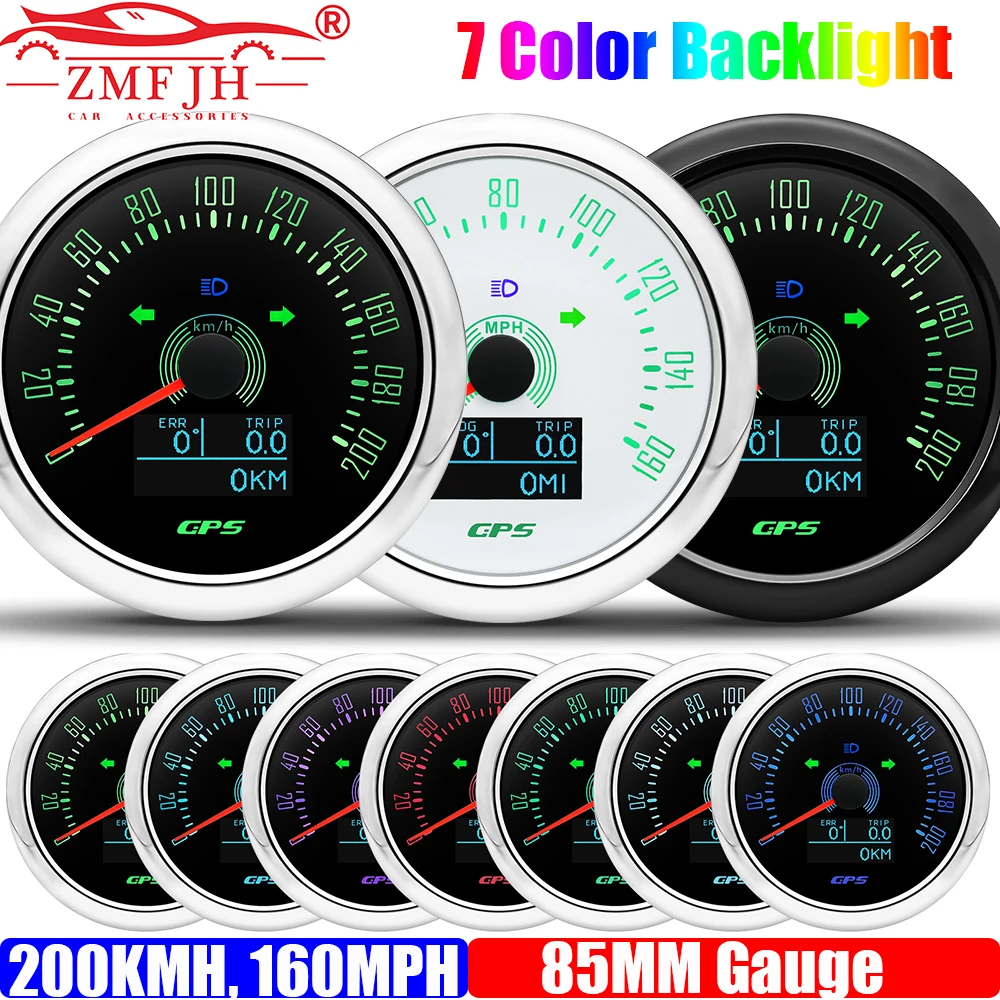 

ZMFJH 0~200KMH,0~160MPH GPS Speedometer Gauge+Antenna 7 Color Backlight Odometer COG TRIP ODO Turn Light High Beam for Car Boat