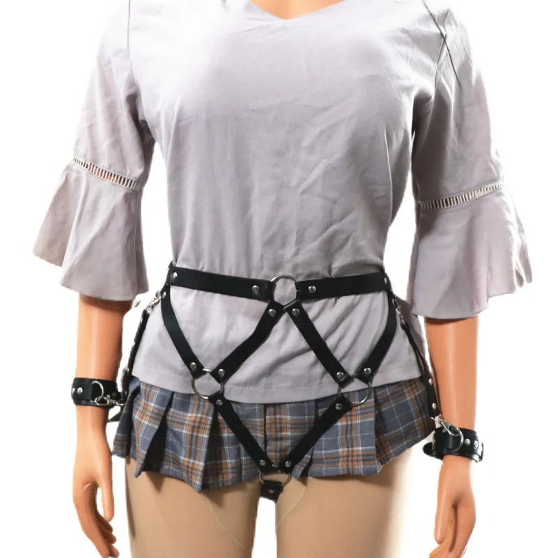 Women Punk Gothic PU Leather Body Harness Waist Belt With Metal Chain Decor Wrist Cuffs Couple Adjustable Cosplay Game Accessory