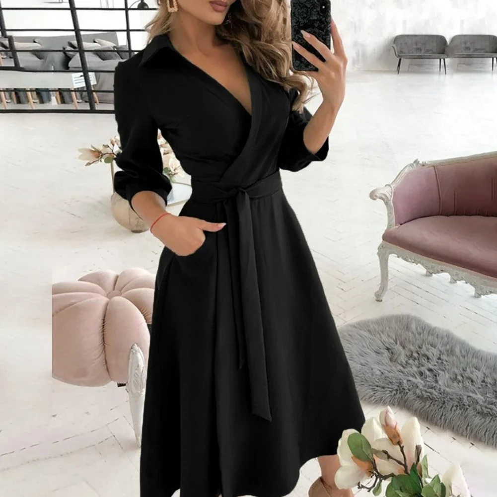 Women's Long-sleeved Floral Mid-length Lapel Dress With Belt Slimming V-neck Solid Color Wrap-around Elegant Long Skirt Dress