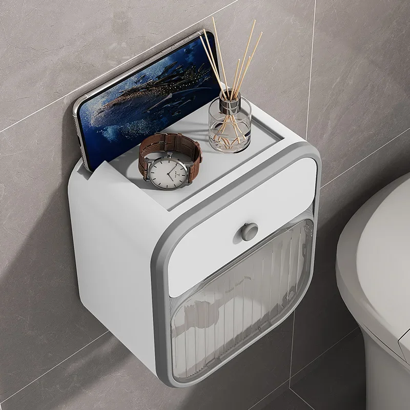 Toilet Wall Mounted Multifunctional Shelf with Tissue Box, No Punching, Paper Drawing Box, Waterproof Storage Box