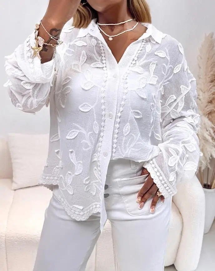 Camicette autunnali New Fashion 2025 Colletto rovesciato Vedere attraverso la camicetta ricamata in pizzo Camicia casual a maniche lunghe jacquard vestibilità ampia